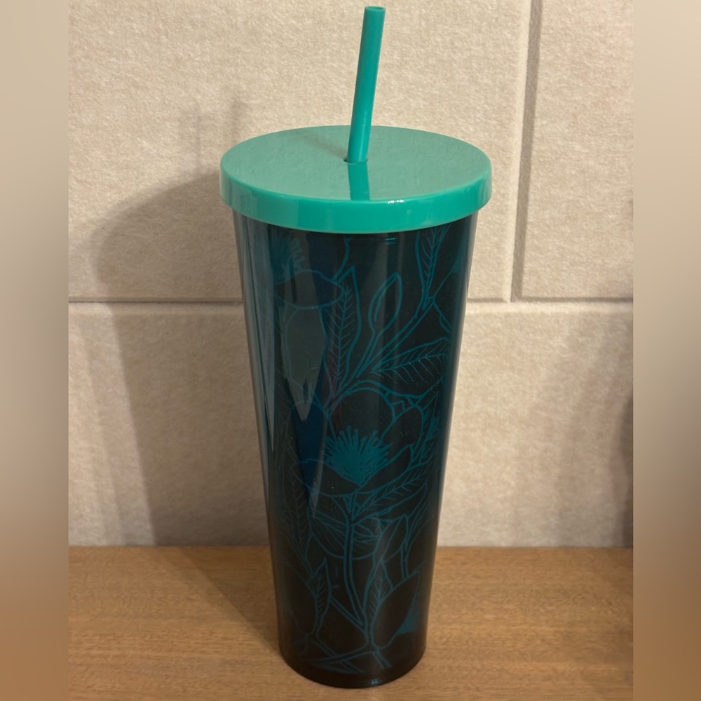Starbucks Cold Beverage Teal Floral Reusable Tumbler with Straw NWT
